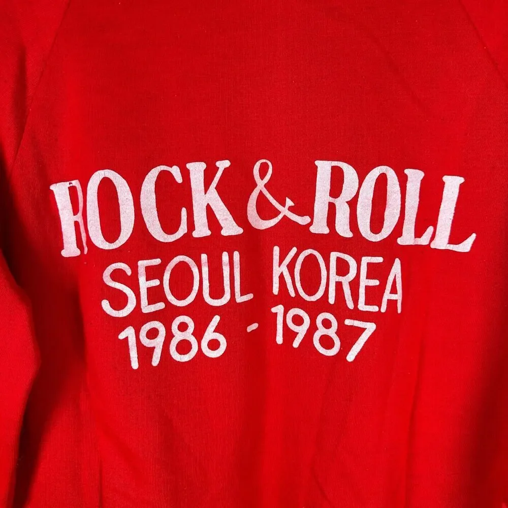 True Vintage 1980s Graphic Crewneck Seoul Rock And Roll Amazon Club Mens S Red